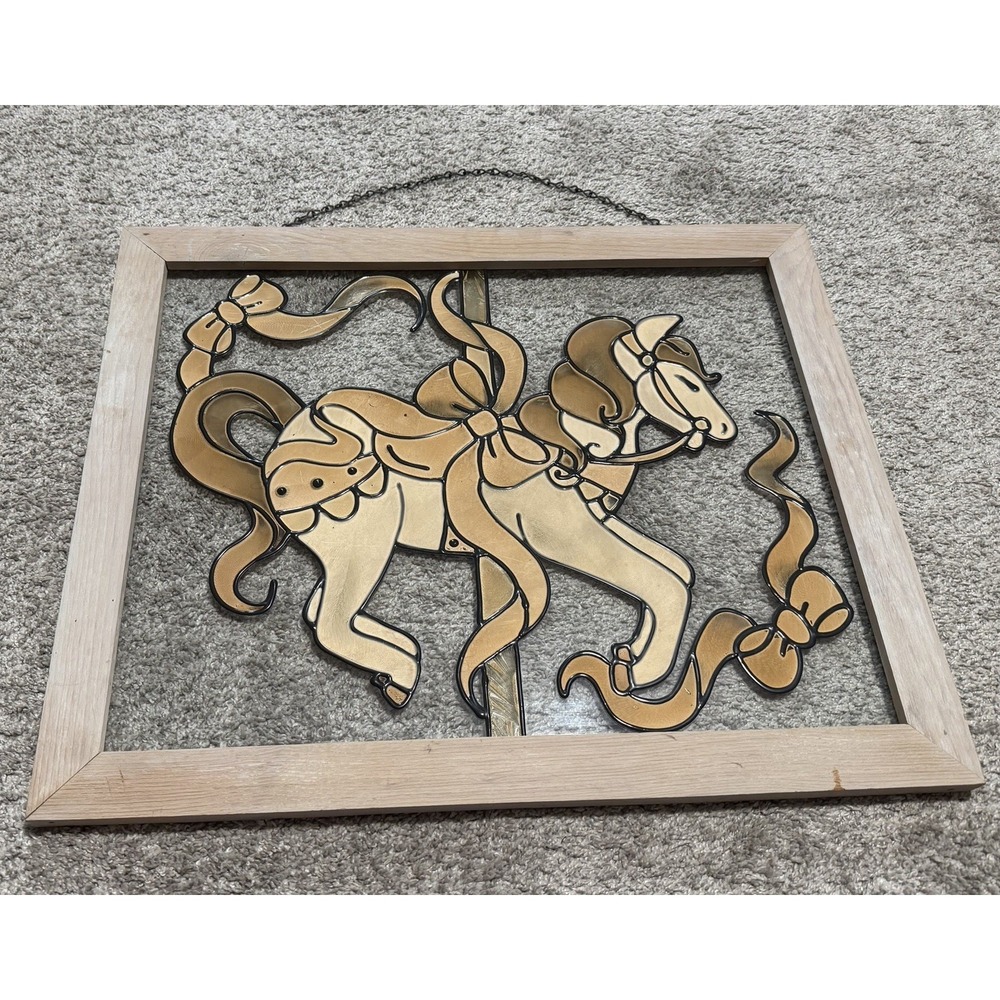 Vintage Carousel Horse Painted Glass Carnival Wooden Frame 22.5" X 18.5" Framed